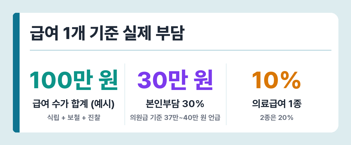 임플란트 본인부담 예시 — 급여 합계 약 100만 원, 본인부담 약 30만 원
