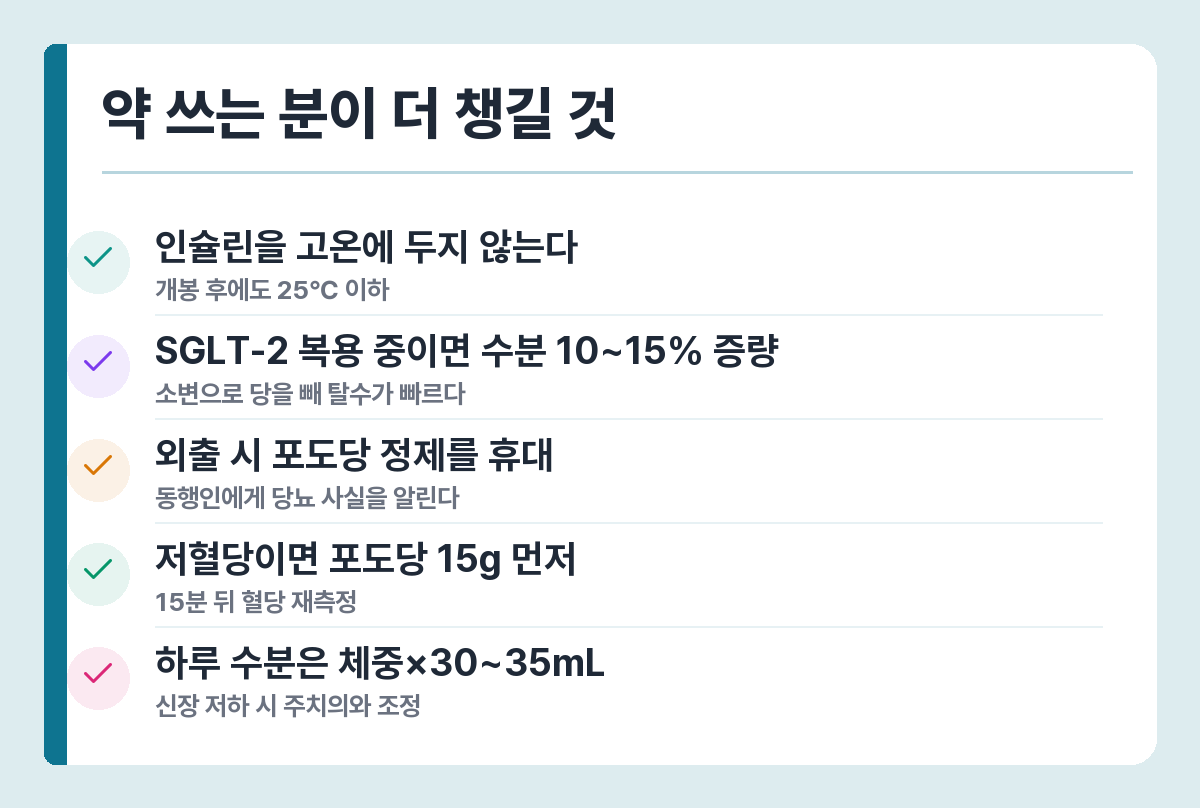 여름 당뇨약 주의사항 — 인슐린 보관 온도, SGLT-2 탈수, 저혈당 대비, 수분 목표