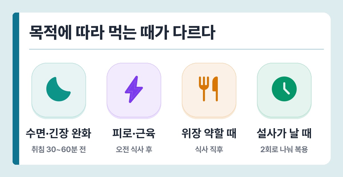 마그네슘 복용 시간 — 수면은 취침 전, 피로는 낮, 변비는 취침 전, 위장 약하면 식후