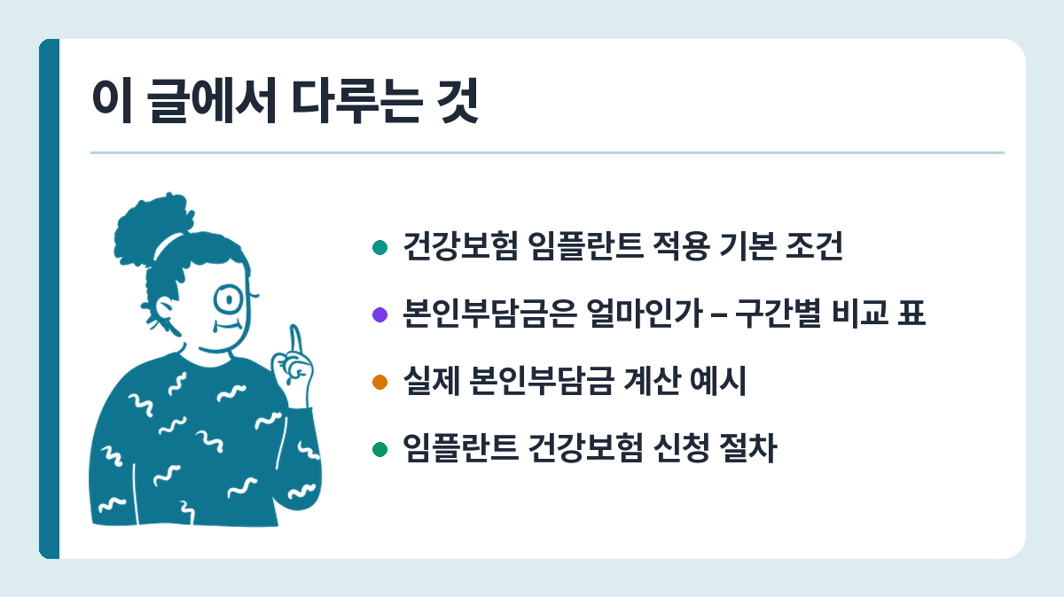 임플란트 건강보험 적용 2026 – 나이·개수·본인부담금 조건 정리 이 글에서 다루는 것
