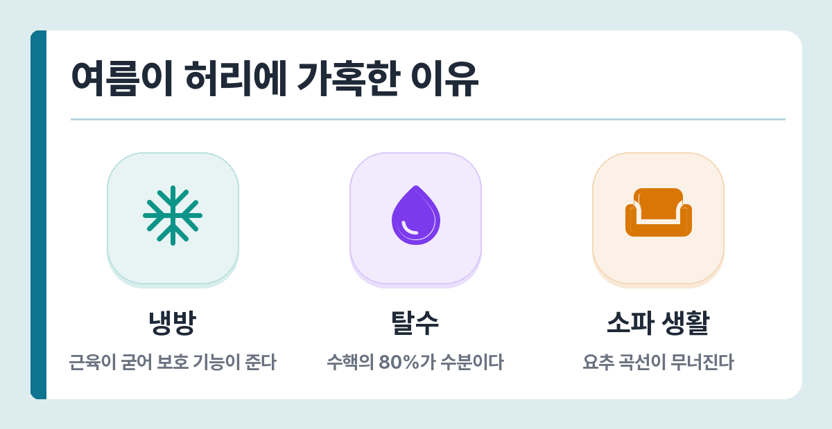 여름 허리디스크 악화 원인 — 냉방으로 인한 근육 수축, 탈수, 소파 생활 증가