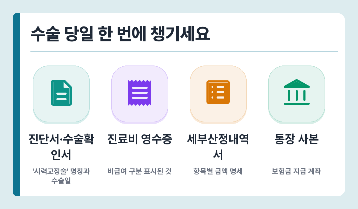 라식·라섹 실비 청구 서류 — 수술확인서, 영수증, 세부산정내역서, 통장 사본