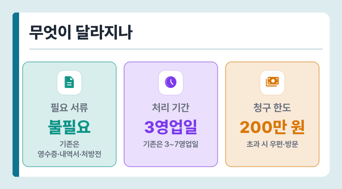 기존 청구와 간소화 청구 비교 — 서류, 처리 기간, 청구 한도