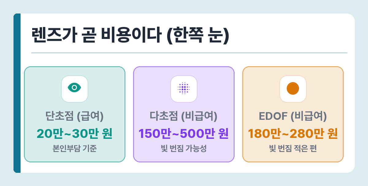 백내장 렌즈별 한쪽 눈 비용 — 단초점 20~30만 원 급여, 다초점 150~500만 원 비급여